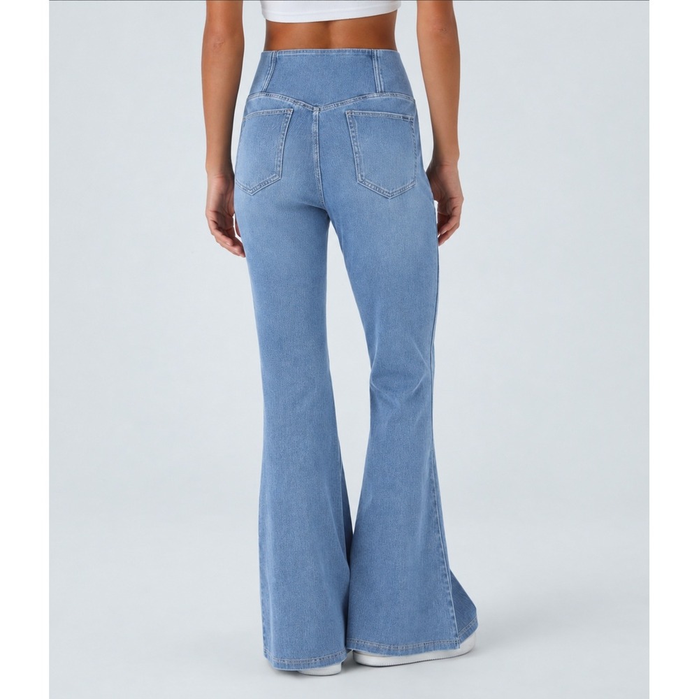 NWT Halara Flex High Waisted Crossover Pocket Flare Jeans Light Blue Medium - Picture 2 of 4